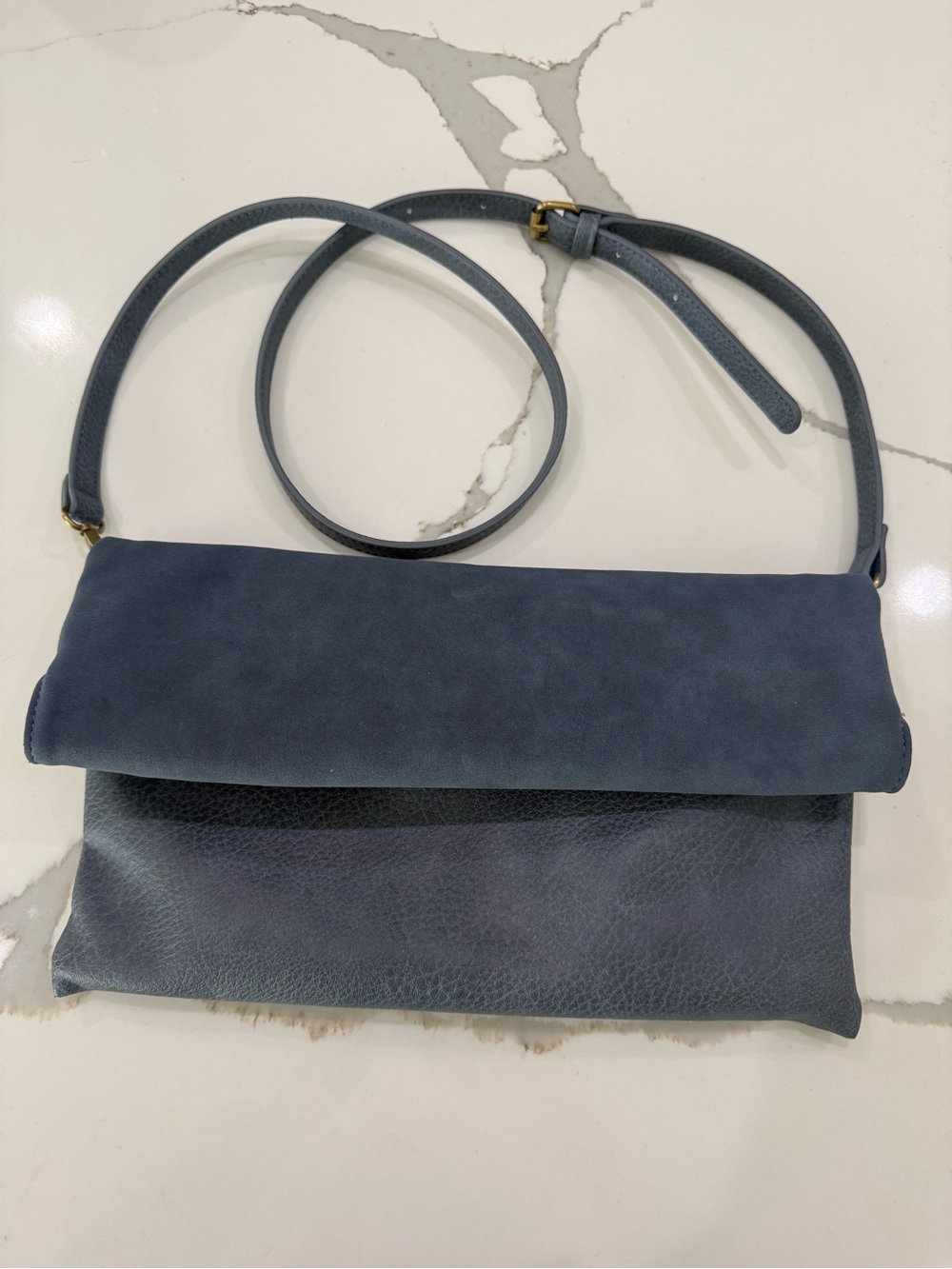 by Anthropologie Slate Blue Leather Crossbody with Gold Accents